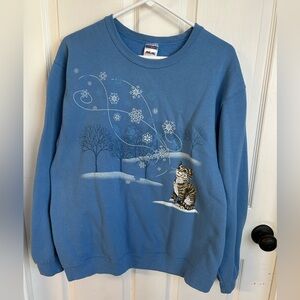 Vintage Jerzees Crewneck Sweatshirt Womens Large Blue Cat with Snowflakes